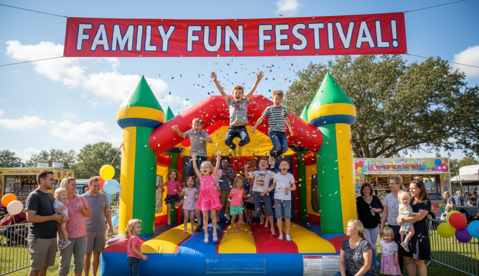 jumping castle with happy children and family